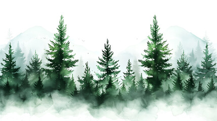 christmas tree in the forest with fog, watercolor style