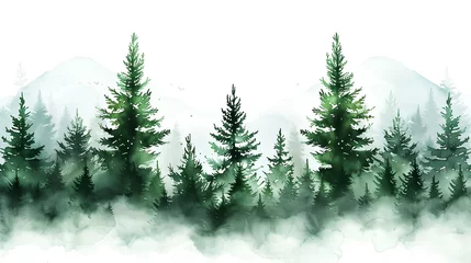 Fototapete Berge christmas tree in the forest with fog, watercolor style