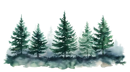 Papier Peint photo Lavable Montagnes christmas tree in the forest with fog, watercolor style