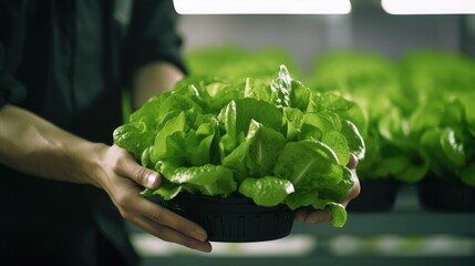 the hands of a young man in white gloves holding fresh green lettuce - obrazy, fototapety, plakaty