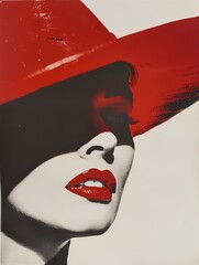 A fashion poster with red as the main color, featuring fashionable woman wearing large hats and simple. background is white. sophistication and high-end brand style. generative AI