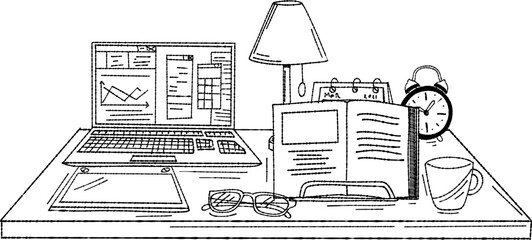 Sketch desk with computer Laptop and Book vector illustration design, Hand Drawn.