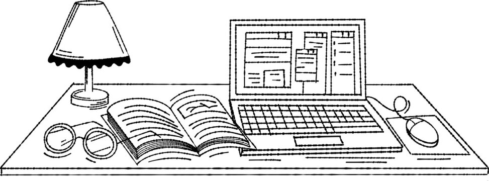 Sketch desk with computer Laptop and Book vector illustration design, Hand Drawn.