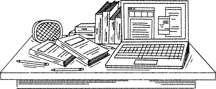 Desk with a computer or workplace in office drawn by hand doodle style. Vector illustration.