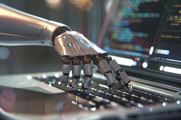 a robot hand typing on a keyboard