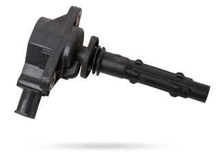 Black ignition coil for engine, isolated on white background. Spare parts for vehicle repair in...
