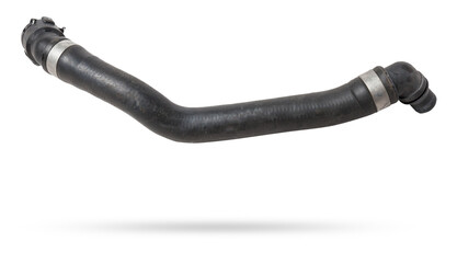 Black rubber hose of the car engine cooling system on a white isolated background in a photo studio...