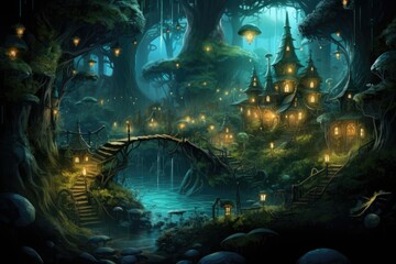 Obraz premium Among the Enchanted Trees: Elven Village Discovery