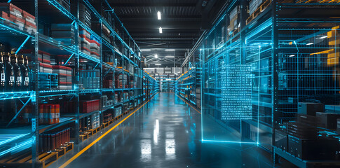 A Futuristic warehouse with a forklift driving down the aisle. The warehouse is empty and the forklift is the only thing moving