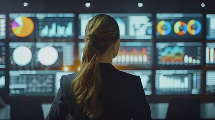 Back view of businesswoman working with virtual panel and night city at background