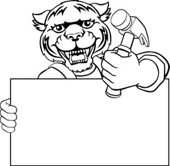 A tiger handyman or carpenter cartoon construction man mascot character holding a hammer tool