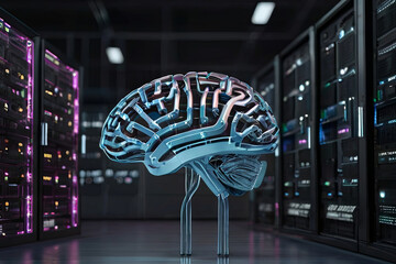 Digital brain connected to data center. Artificial intelligence concept. Cutting-edge technology imagery.