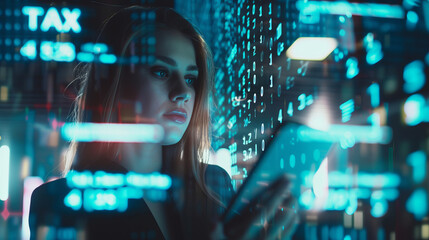 Multi exposure of woman hands working on computer and data theme hologram drawing. Tech concept.