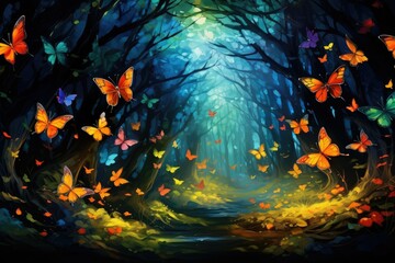 Enchanted Forest Whispers: Radiant Butterfly Haven - obrazy, fototapety, plakaty