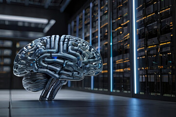 Digital brain connected to data center. Artificial intelligence concept. Cutting-edge technology imagery.