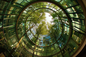 Experiment with a fisheye lens to create a distorted yet captivating view of the eco-friendly building, emphasizing its unique design features. 