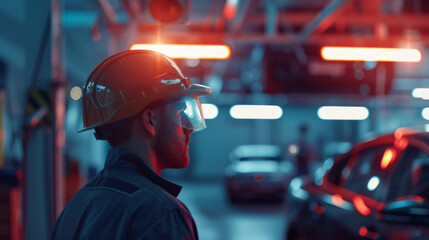engineer with helmet and protect glass looking at the car overhead in engineer uniform with blur garage background