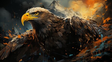 A majestic eagle soaring over a landscape of rising financial graphs