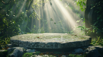 Flat stone podium in the magical forest , empty round stand background