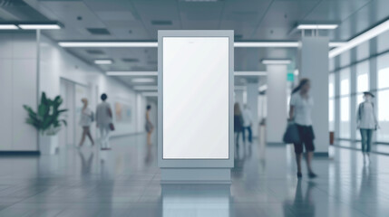 front view big white blank empty advertising mockup for advertising at hospital with blur people in motion
