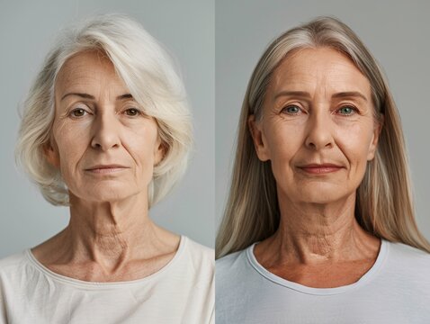 a collage of a woman with white hair