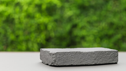 Podium with green forest blur background