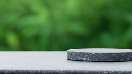 Podium with green forest blur background