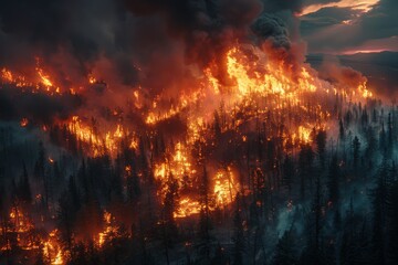 Dramatic shot of a raging wildfire engulfing a forest, with towering flames and billowing smoke dominating the scene. The scene is illuminated by the flickering light of the fire