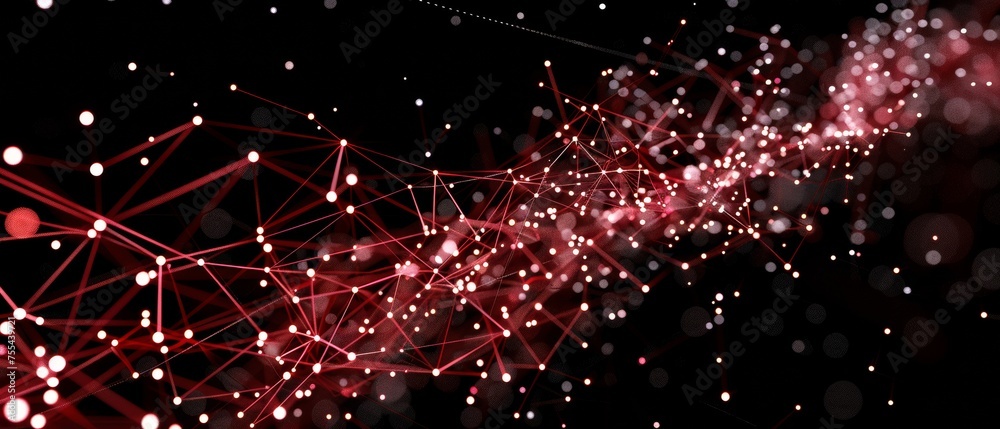 Aufkleber on a bright red background, there are abstract connected dots.