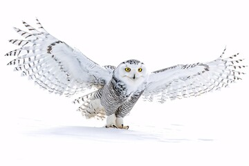 a white owl with yellow eyes spread out in the snow