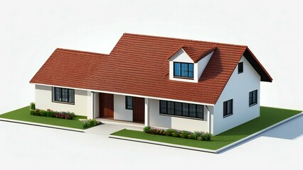 3D illustration of a modern suburban house with a red roof on a white background.