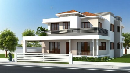 Fototapeta premium Modern two-story house with balconies and a white fence under a clear sky.