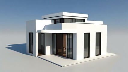 Fototapeta na wymiar Modern minimalist house with large windows on a plain white background.
