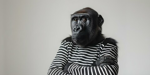 Gorilla in a Black and White Striped Outfit. Concept Animal Fashion