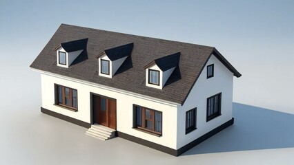 3D rendering of a modern suburban house with a dark roof on a white background.