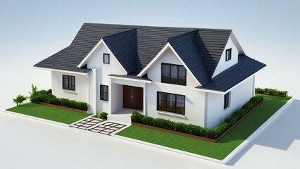 3D rendering of a modern suburban house with a lawn, isolated on a white background.