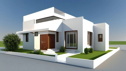 Modern white house with cubic design and green lawn on a clear day.