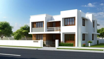 Modern two-story residential house with balconies and a clear sky.