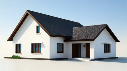 Modern suburban house with white walls and dark roof on a clear day, 3D rendering.