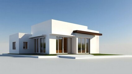 Modern minimalist house with clear blue sky, showcasing contemporary architecture and design with large windows and flat roof.