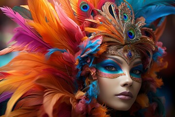 Vibrant feather costume with peacock elements for carnival or festival