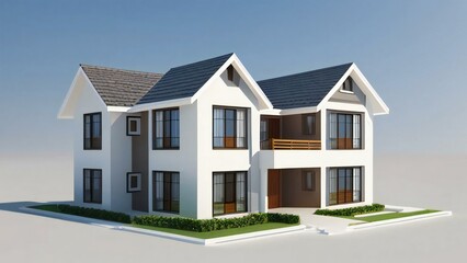 Modern two-story house with white walls and dark roof on a clear background.