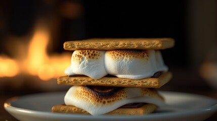 Stack of delicious cookies with marshmallow and chocolate on table - obrazy, fototapety, plakaty