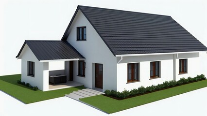3D rendering of a modern suburban house with a dark roof and white walls, isolated on a white background with green lawn.