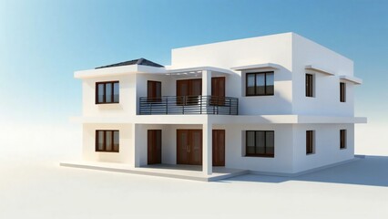 Modern two-story house with balconies on a clear day, 3D rendering.