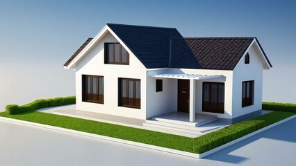 3D rendering of a modern suburban house with a lawn, isolated on white background.