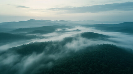 Aerial mountains landscape in the morning light with lots of low clouds hooked to the highest forest trees and an hazy sky
