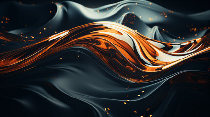 Abstract shapes with large waves of matters in soft dark petrol and shiny orange colors with many tiny golden ovoids on a dark blurry background