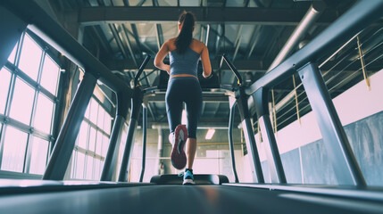 Back view in low angle of a Woman with brown ponytail running on a treadmill inside an empty garage - Powered by Adobe