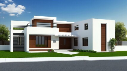 Modern two-story house with a flat roof, white facade, and wooden accents, featuring a green lawn and clear blue sky.